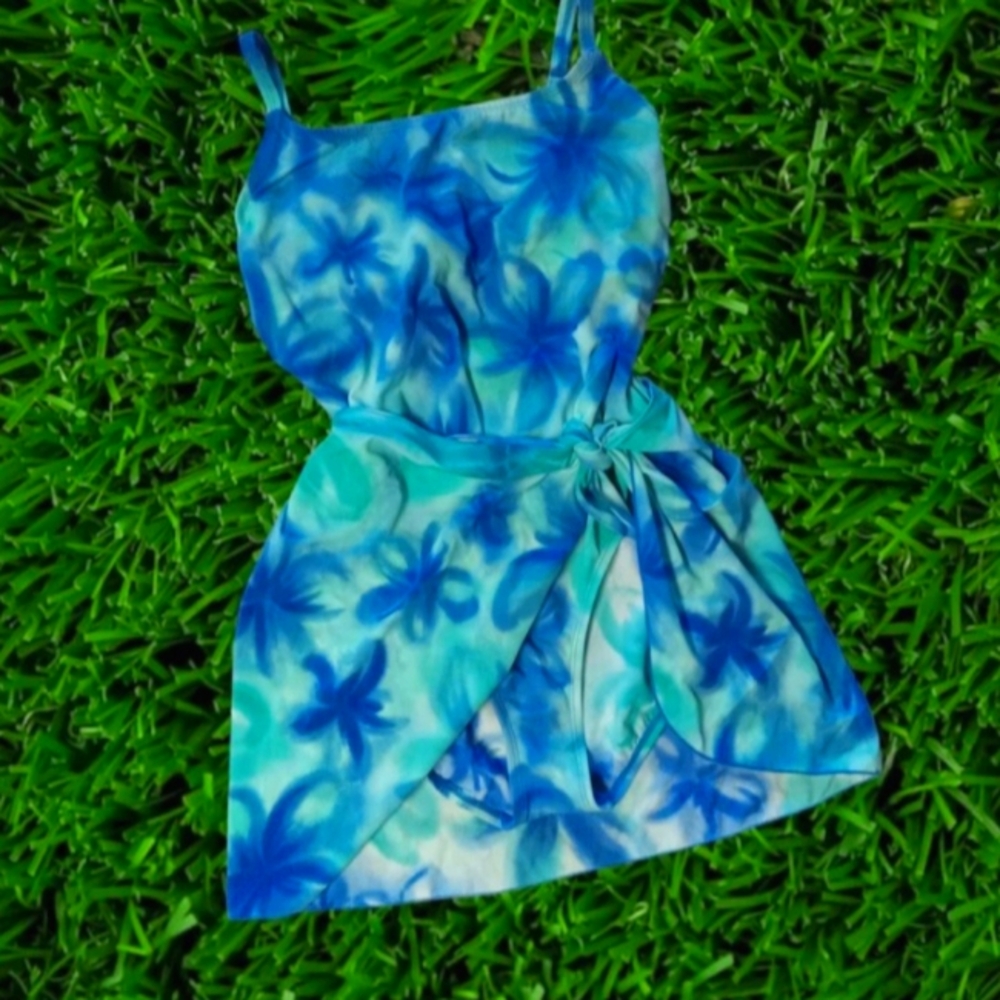 Vintage 90s Plus Size One Piece Cazimi  Watercolor Swim Dress Tie Skirt Size 16